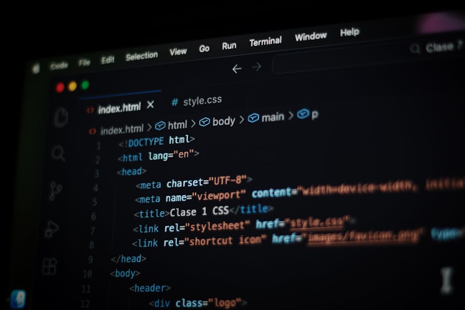 A computer screen displaying a code editor with HTML code visible, including tags such as <html>, <head>, <title>, and <body>, on a dark background with syntax highlighting in 
